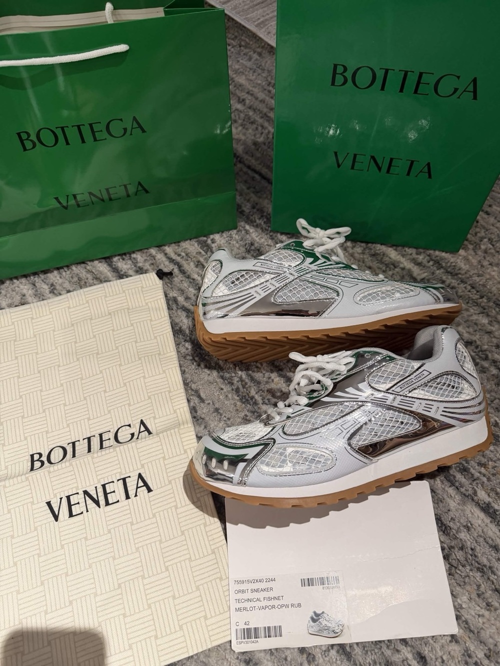 Bottega Veneta Silver & Green Mesh Runner Sneakers